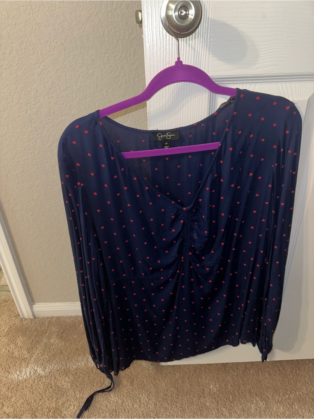 Jessica Simpson Navy Top with Red Heart Print and Pink Trim